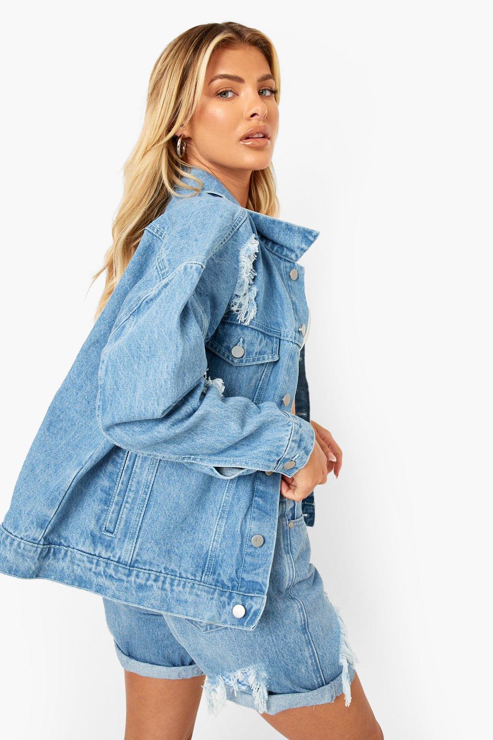 Gingham Rip Repair Oversized Denim Jacket boohoo